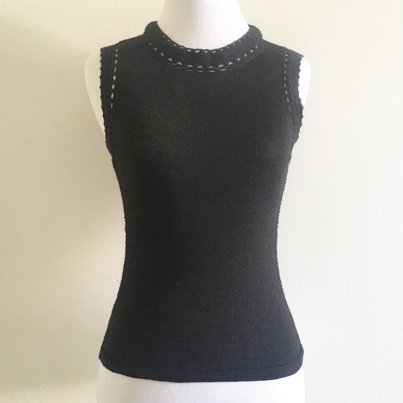 Elie Tahari XS Wool Crochet Sleeveless Sweater Top Black Minimalist Romantic - Picture 1 of 8